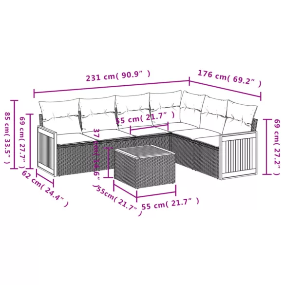 7 részes fekete polyrattan kerti ülőgarnitúra párnával