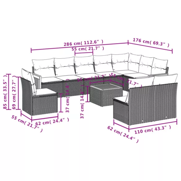 11 részes szürke polyrattan kerti ülőgarnitúra párnákkal
