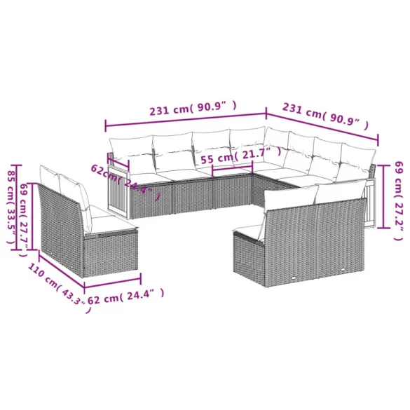 11 részes szürke polyrattan kerti ülőgarnitúra párnákkal