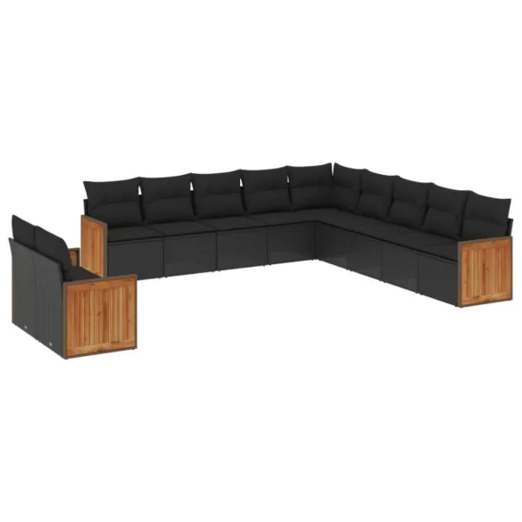 11 részes fekete polyrattan kerti ülőgarnitúra párnákkal