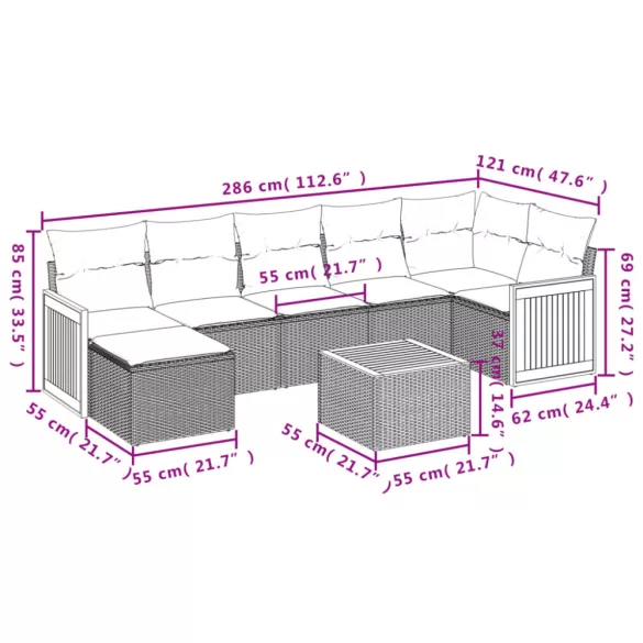 8 részes szürke polyrattan kerti ülőgarnitúra párnákkal