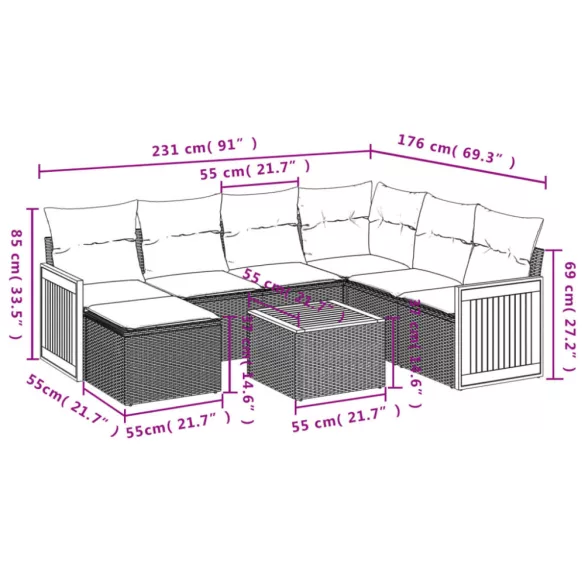 8 részes fekete polyrattan kerti ülőgarnitúra párnákkal