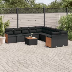   11 részes fekete polyrattan kerti ülőgarnitúra párnákkal