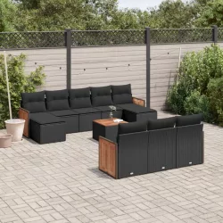   11 részes fekete polyrattan kerti ülőgarnitúra párnákkal