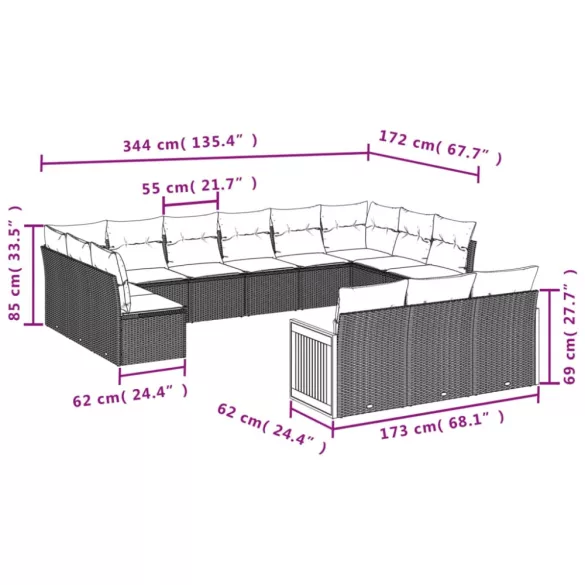 13 részes szürke polyrattan kerti ülőgarnitúra párnákkal