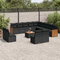   14 részes fekete polyrattan kerti ülőgarnitúra párnákkal