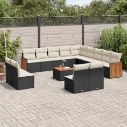   14 részes fekete polyrattan kerti ülőgarnitúra párnákkal
