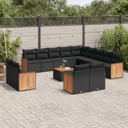   14 részes fekete polyrattan kerti ülőgarnitúra párnákkal