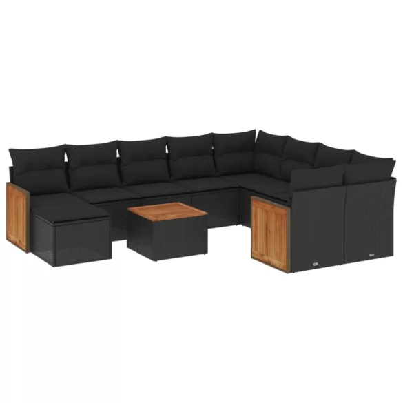11 részes fekete polyrattan kerti ülőgarnitúra párnákkal