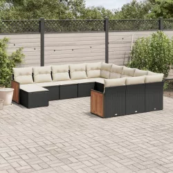   12 részes fekete polyrattan kerti ülőgarnitúra párnákkal