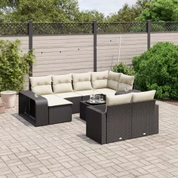   11 részes fekete polyrattan kerti ülőgarnitúra párnákkal
