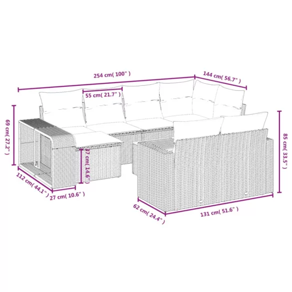 11 részes szürke polyrattan kerti ülőgarnitúra párnákkal