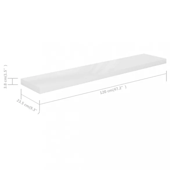 magasfényű fehér MDF lebegő fali polc 120 x 23,5 x 3,8 cm