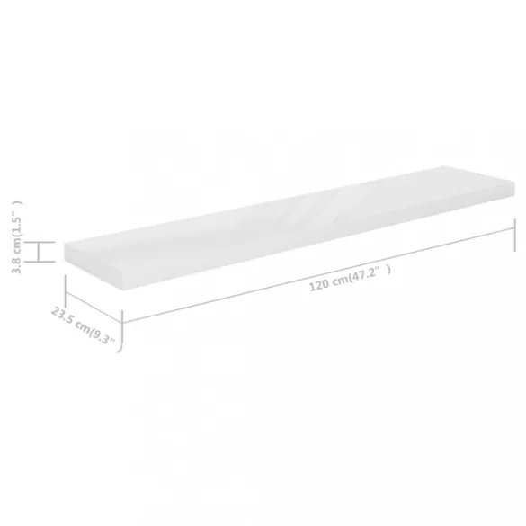 4 db magasfényű fehér MDF lebegő fali polc 120 x 23,5 x 3,8 cm