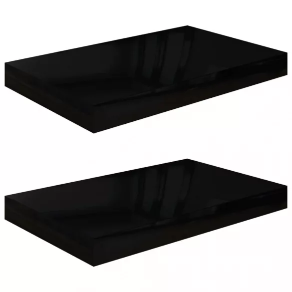 2 db magasfényű fekete MDF lebegő fali polc 40 x 23 x 3,8 cm