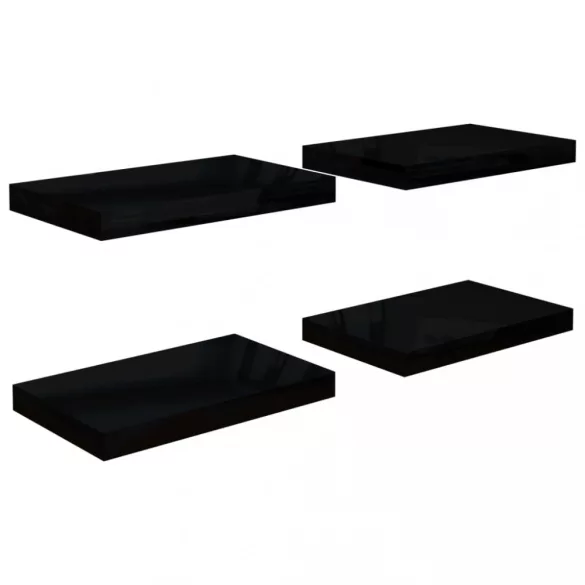4 db magasfényű fekete MDF lebegő fali polc 40 x 23 x 3,8 cm