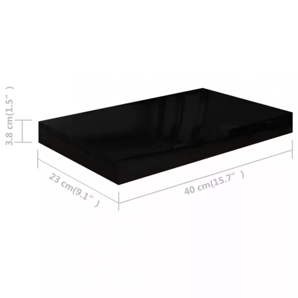 4 db magasfényű fekete MDF lebegő fali polc 40 x 23 x 3,8 cm