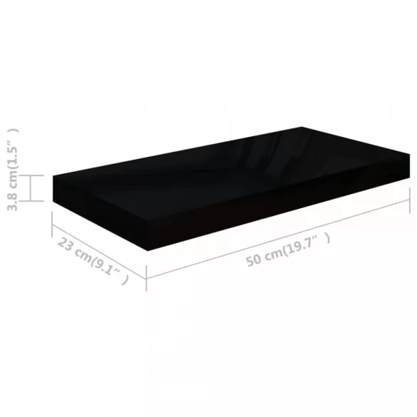 4 db magasfényű fekete MDF lebegő fali polc 50 x 23 x 3,8 cm