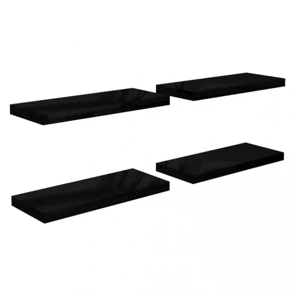 4 db magasfényű fekete MDF lebegő fali polc 60 x 23,5 x 3,8 cm