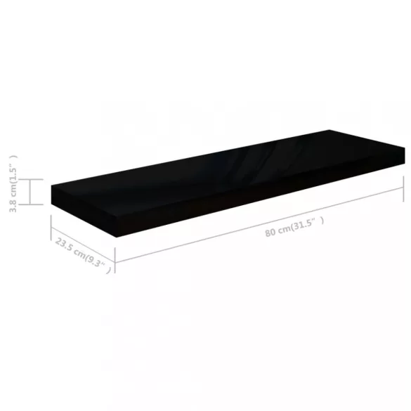 2 db magasfényű fekete MDF lebegő fali polc 80 x 23,5 x 3,8 cm