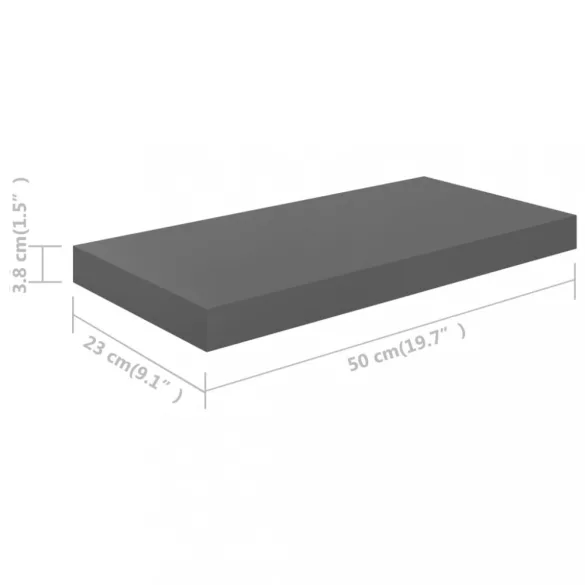 2 db magasfényű szürke MDF lebegő fali polc 50 x 23 x 3,8 cm