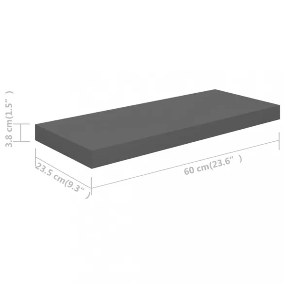 2 db magasfényű szürke MDF lebegő fali polc 60 x 23,5 x 3,8 cm