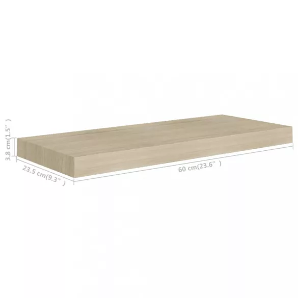 2 db tölgyszínű MDF lebegő fali polc 60 x 23,5 x 3,8 cm