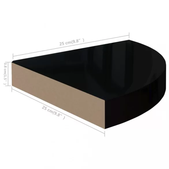 4 db magasfényű fekete MDF lebegő sarokpolc 25 x 25 x 3,8 cm