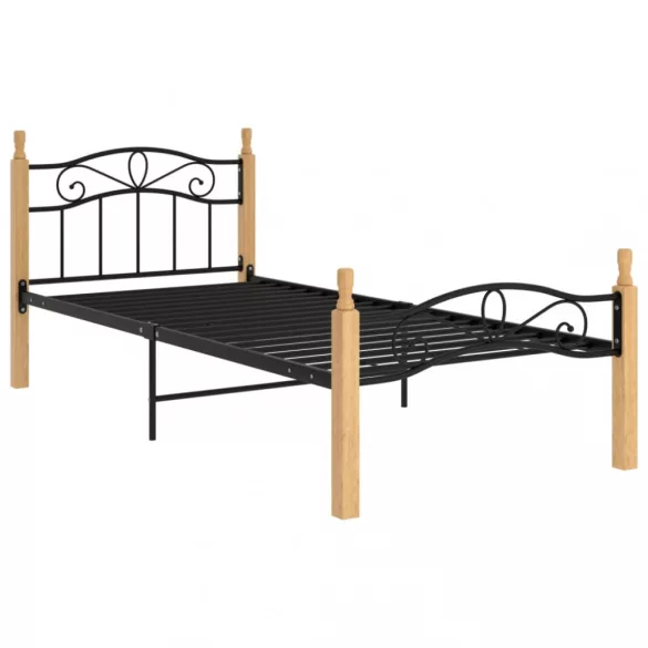 fekete fém és tömör tölgyfa ágykeret 90 x 200 cm