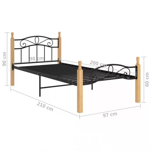 fekete fém és tömör tölgyfa ágykeret 90 x 200 cm