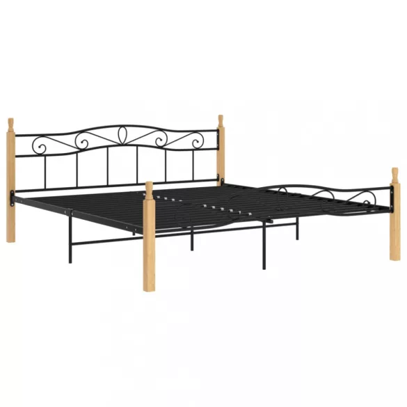 fekete fém és tömör tölgyfa ágykeret 200 x 200 cm