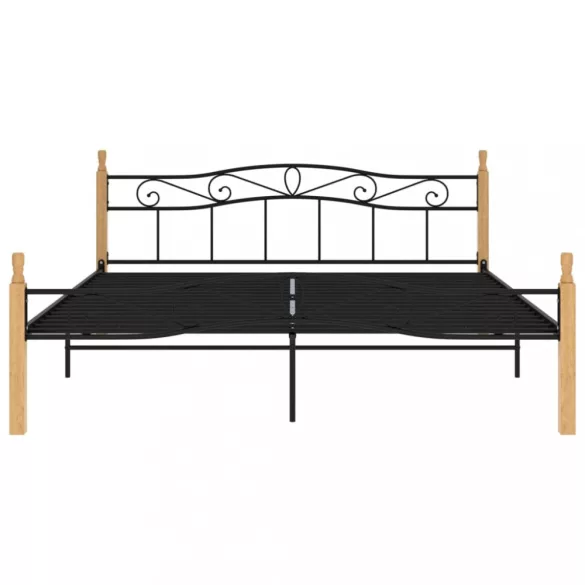 fekete fém és tömör tölgyfa ágykeret 200 x 200 cm