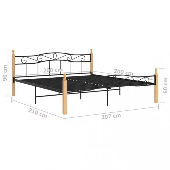 fekete fém és tömör tölgyfa ágykeret 200 x 200 cm