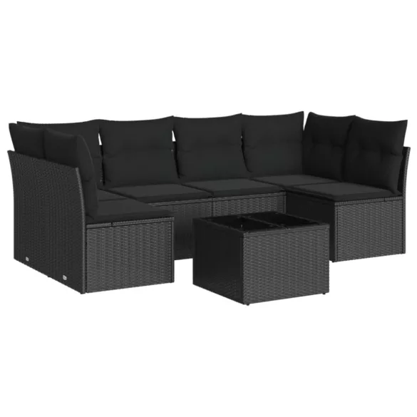 7 részes fekete polyrattan kerti ülőgarnitúra párnával