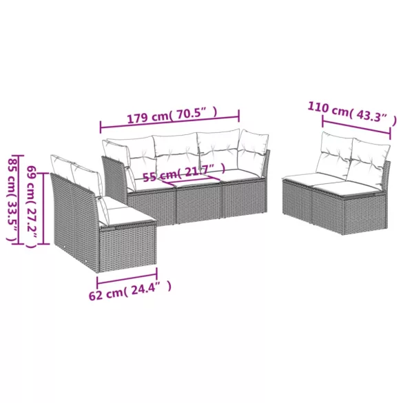 7 részes fekete polyrattan kerti ülőgarnitúra párnával