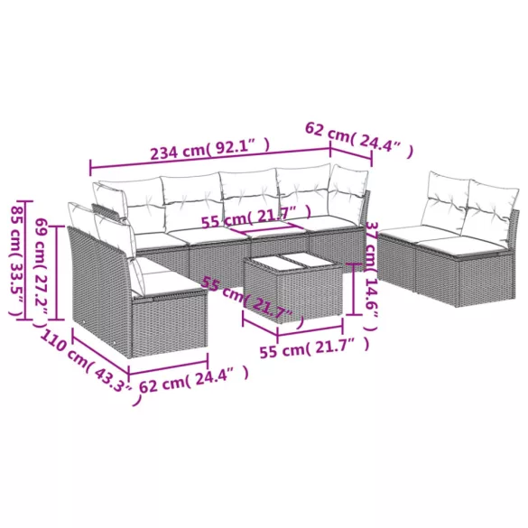 9 részes bézs polyrattan kerti ülőgarnitúra párnákkal