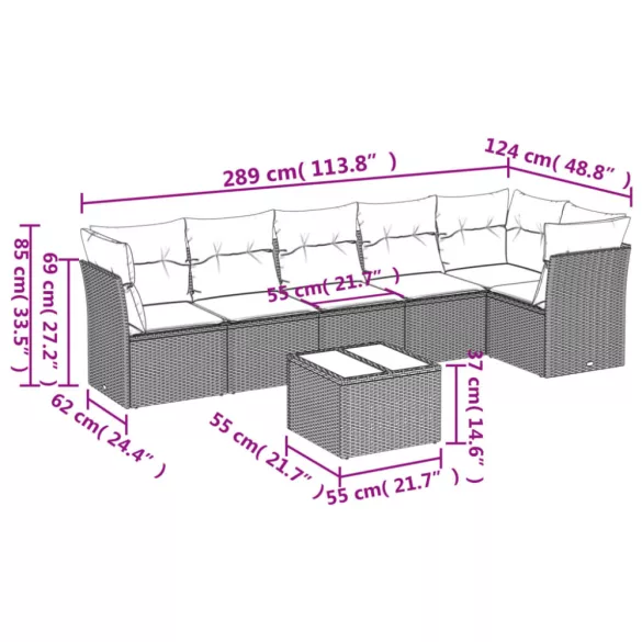 7 részes fekete polyrattan kerti ülőgarnitúra párnával