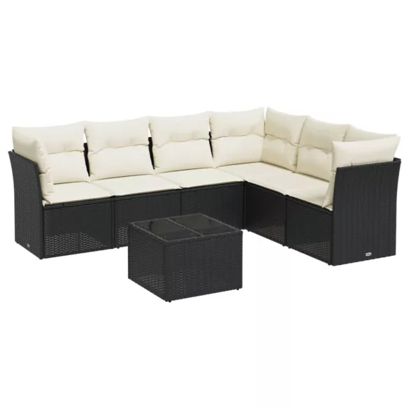 7 részes fekete polyrattan kerti ülőgarnitúra párnával