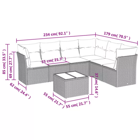 7 részes bézs polyrattan kerti ülőgarnitúra párnákkal