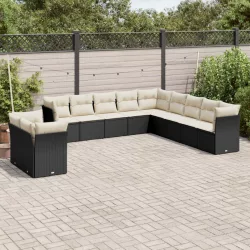  11 részes fekete polyrattan kerti ülőgarnitúra párnákkal