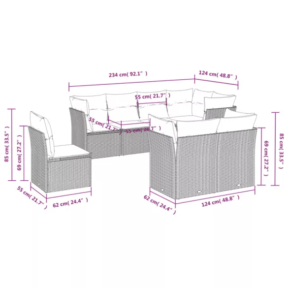 8 részes szürke polyrattan kerti ülőgarnitúra párnákkal