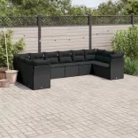 10 részes fekete polyrattan kerti ülőgarnitúra párnákkal