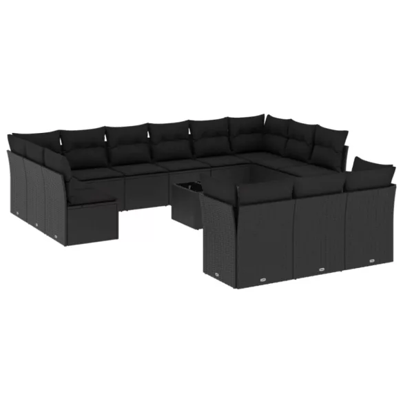 14 részes fekete polyrattan kerti ülőgarnitúra párnákkal