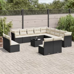   14 részes fekete polyrattan kerti ülőgarnitúra párnákkal