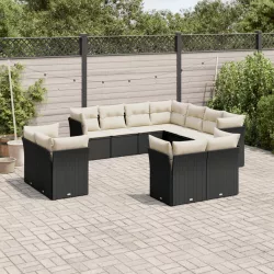   11 részes fekete polyrattan kerti ülőgarnitúra párnákkal