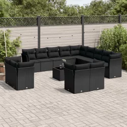   14 részes fekete polyrattan kerti ülőgarnitúra párnákkal