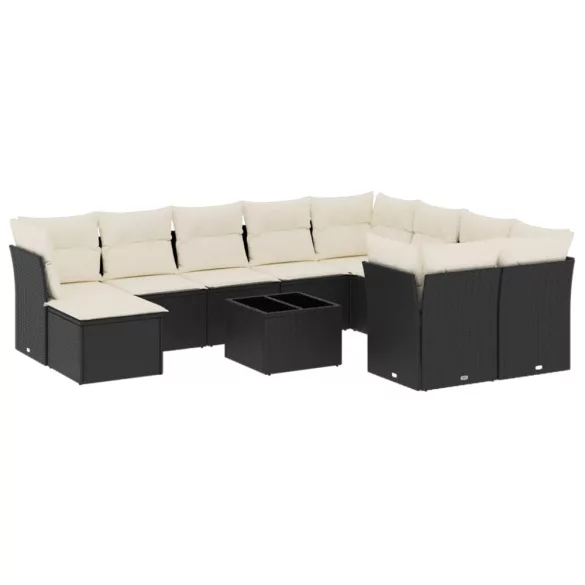 11 részes fekete polyrattan kerti ülőgarnitúra párnákkal