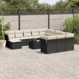 13 részes fekete polyrattan kerti ülőgarnitúra párnákkal