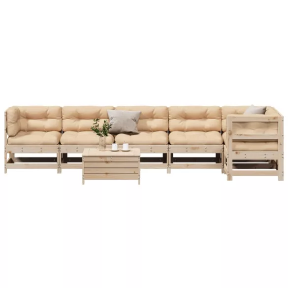 7 részes tömör fenyőfa kerti ülőgarnitúra párnával