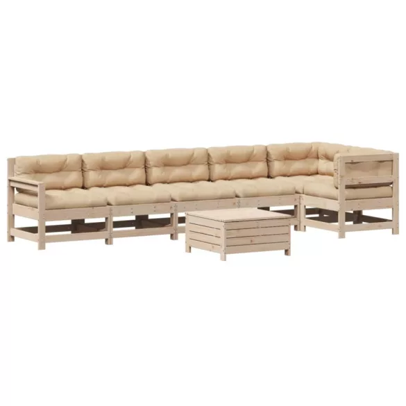 7 részes tömör fenyőfa kerti ülőgarnitúra párnával